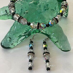 Antiqued Crystal and Black Bead Bracelet and Pierced Earring Set